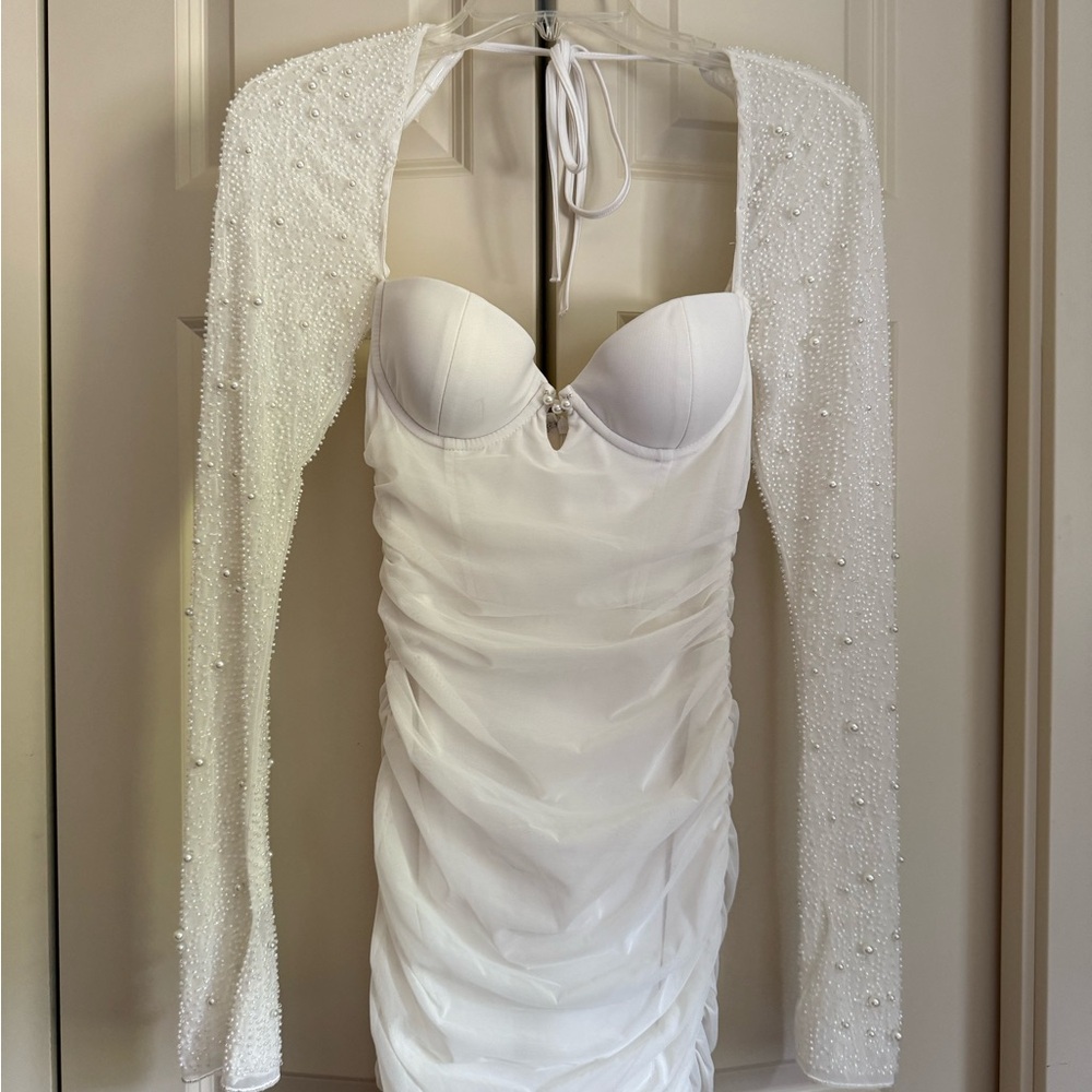 Oh Polly White Dress with Beaded Long Sleeves